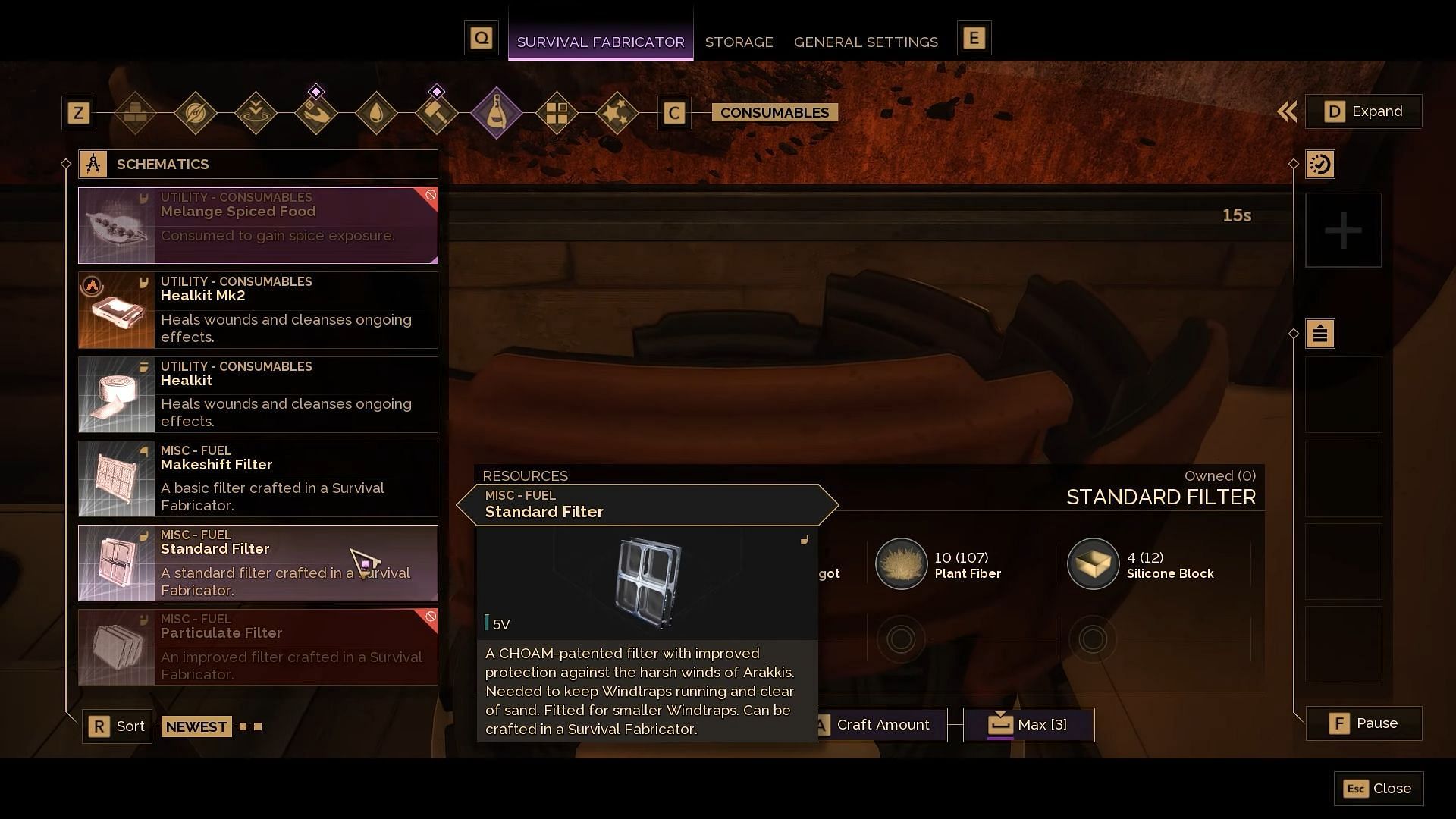 Use the Survival Fabricator to craft Filters (Image via Funcom)